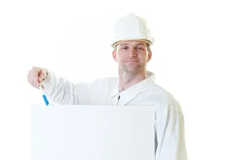 Builder man with blank and pen Stock Photos