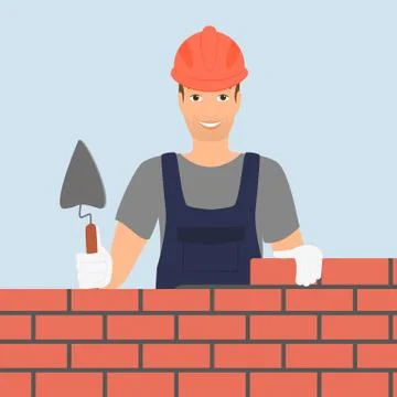 Builder man is building a brick wall Stock Illustration