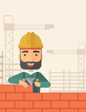 Builder man is building a brick wall Ilustración de archivo