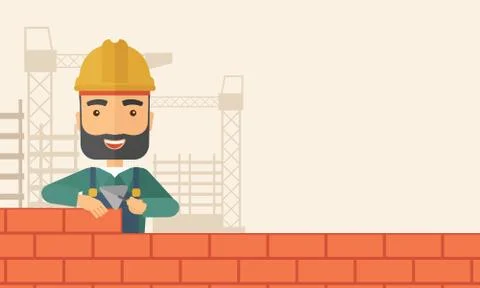 Builder man is building a brick wall 스톡 일러스트