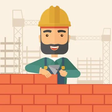 Builder man is building a brick wall Ilustración de archivo