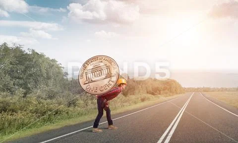 Builder man carry coin Stock Photos