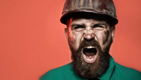 Builder man. Closeup portrait of screaming angry architect, foreman or buil.. Stock Photos