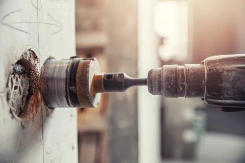 Builder man cutting electrical chase in concrete wall with hammer drill diamond Stock Photos