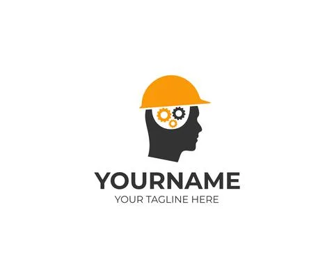 Builder man in a helmet and a brain of gears logo design Stock Illustration