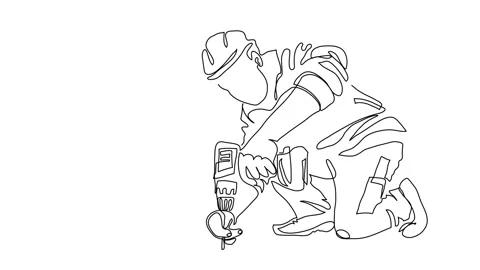 Builder man holding yellow drill and wearing helmet animated illustration. One Stock Footage 299724528