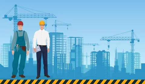 Builder man manager architect and worker on the constructions buildings Stock Illustration