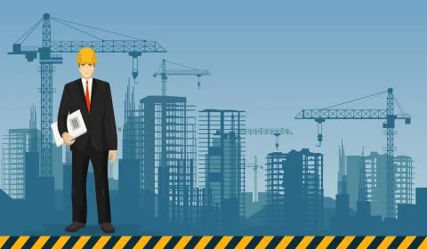Builder man manager worker on the constructions buildings background Stock Illustration