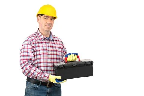 Builder man with objects and tools on  isolated background Stock Photos