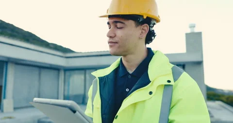 Builder, man or inspection with tablet on construction site for building design Stock Footage 345643950