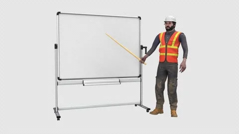 Builder man with pointer stick near whiteboard - looped with alpha channel. Stock Footage 240268714