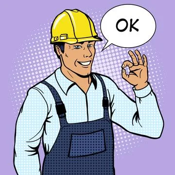 Builder man shows ok sign pop art style vector Stock Illustration