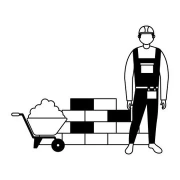 Builder man wheelbarrow cement and brick wall Stock Illustration