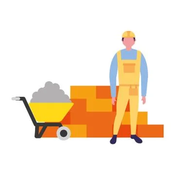 Builder man wheelbarrow cement and brick wall Illustrazione stock