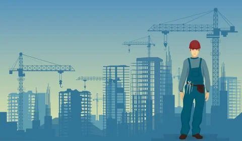 Builder man worker on the under construction buildings background Ilustración de archivo