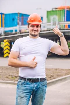 Builder man working an protective helmet Foto stock