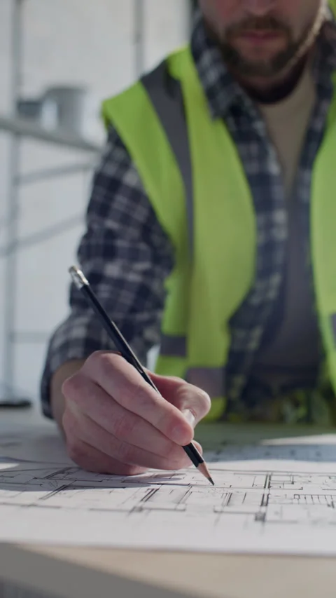 Builder Marking Up Technical Drawings on Construction Site Stock Footage 332249678