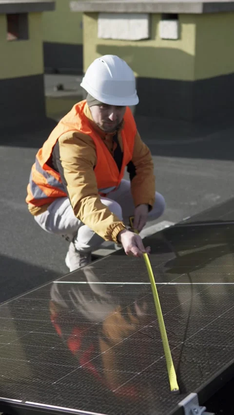 A builder measures a solar panel on a roof during installation. Vídeo Stock 321411522