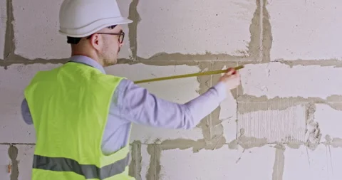 Builder measures wall width using special tool before renovating Vidéo 309922112