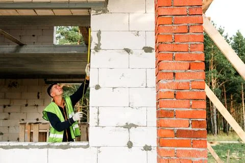 Builder measures window opening, marks installation line, brick wall prep, .. Stock Photos