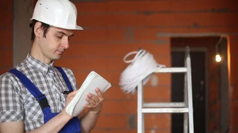 Builder with a notebook on the construction site Video stock 61729725