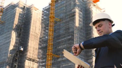 Builder or engineer, stands with his back looking at the buildings Stock Photos
