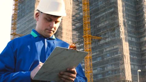 Builder or engineer, stands with his back looking at the buildings Stock-Fotos