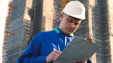 Builder or engineer, stands with his back looking at the buildings Stock Photos
