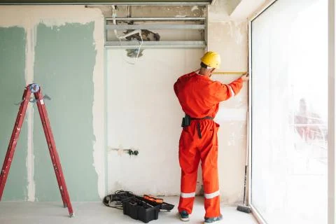 Builder in orange work clothes and hardhat using measuring tape Stock-Fotos