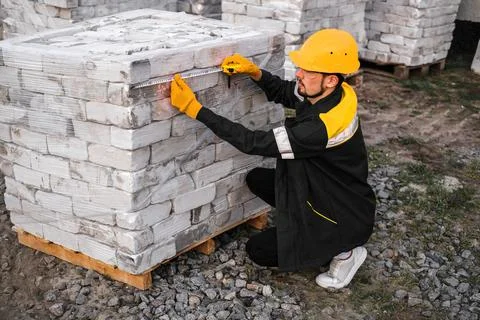 Builder packs bricks into pallets at construction site Fotos de archivo