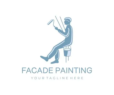 Builder, painter, climber paints the facade with roller and paint bucket Stock Illustration
