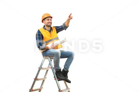 The builder with a paper on the ladder gesturing on the white background Stock Photos