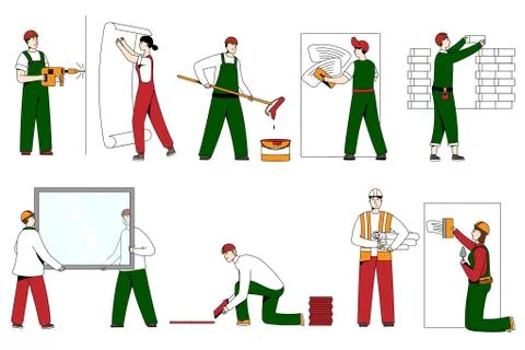 Builder people in helmets, work clothes on building line art vector character Ilustración de archivo
