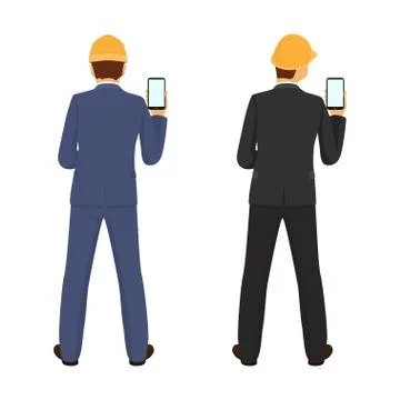 Builder with phone in hand view from back Stock Illustration