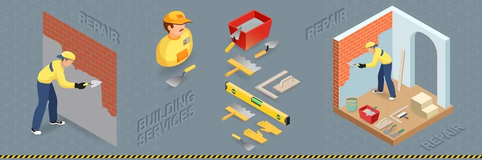 Builder is plastering the brick wall. Isometric Vector  illustration. Illustrazione stock