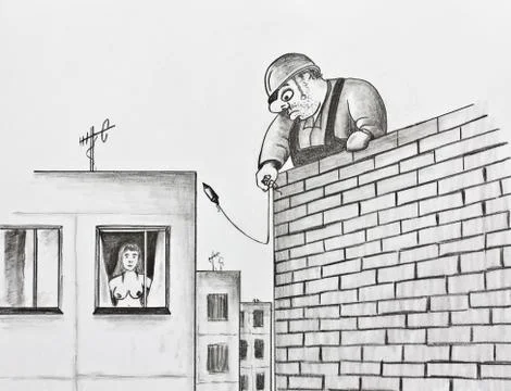 Builder with a plumb. Pencil drawing 스톡 일러스트