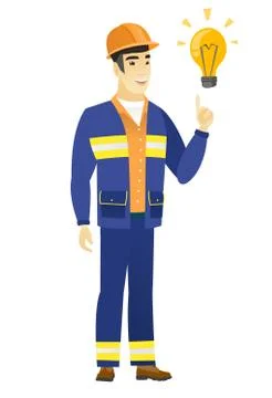 Builder pointing at bright idea light bulb Illustrazione stock