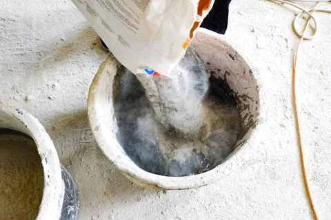 The builder pours the construction mixture into a container for guiding the m Stock Photos