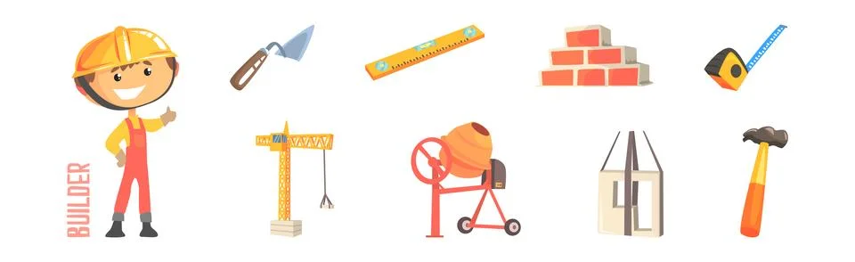 Builder Profession Tool and Handy Equipment Vector Set Stock Illustration