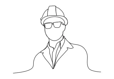 Builder in a protective helmet one line drawing. Vector illustration. Stock Illustration