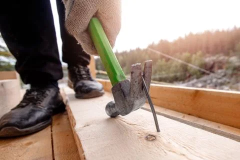 Builder pulls nail out of tree with tug 스톡 사진