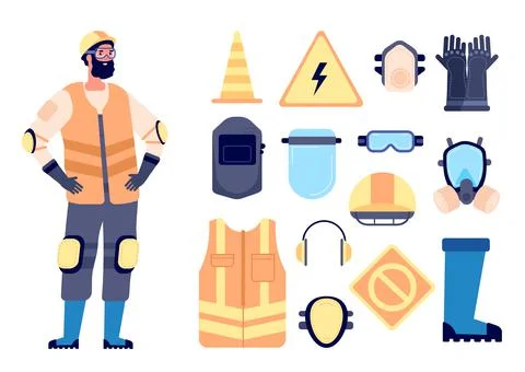 Builder safety equipment. Construction worker, protection and work gear. Man in Stock Illustration
