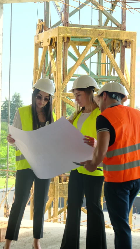 Builder shows floor plan of building to project managers Video stock 317624620