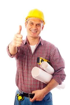 Builder shows gesture OK Stock Photos