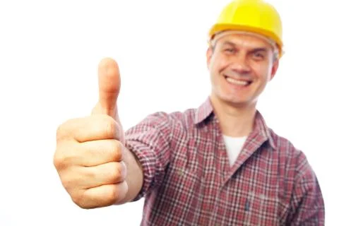 Builder shows gesture OK Stock Photos