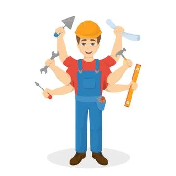 Builder with six hand, Multitasking Stock Illustration