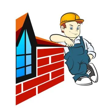 Builder standing at the brick wall of the house Stock Illustration