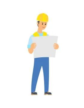 Builder Standing with Engineering Project Vector Stock Illustration
