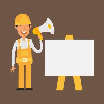 Builder stands near with flip-chart holds megaphone Stock Illustration