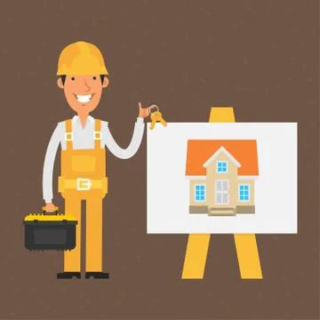 Builder stands near flip-chart and holds keys Stock Illustration